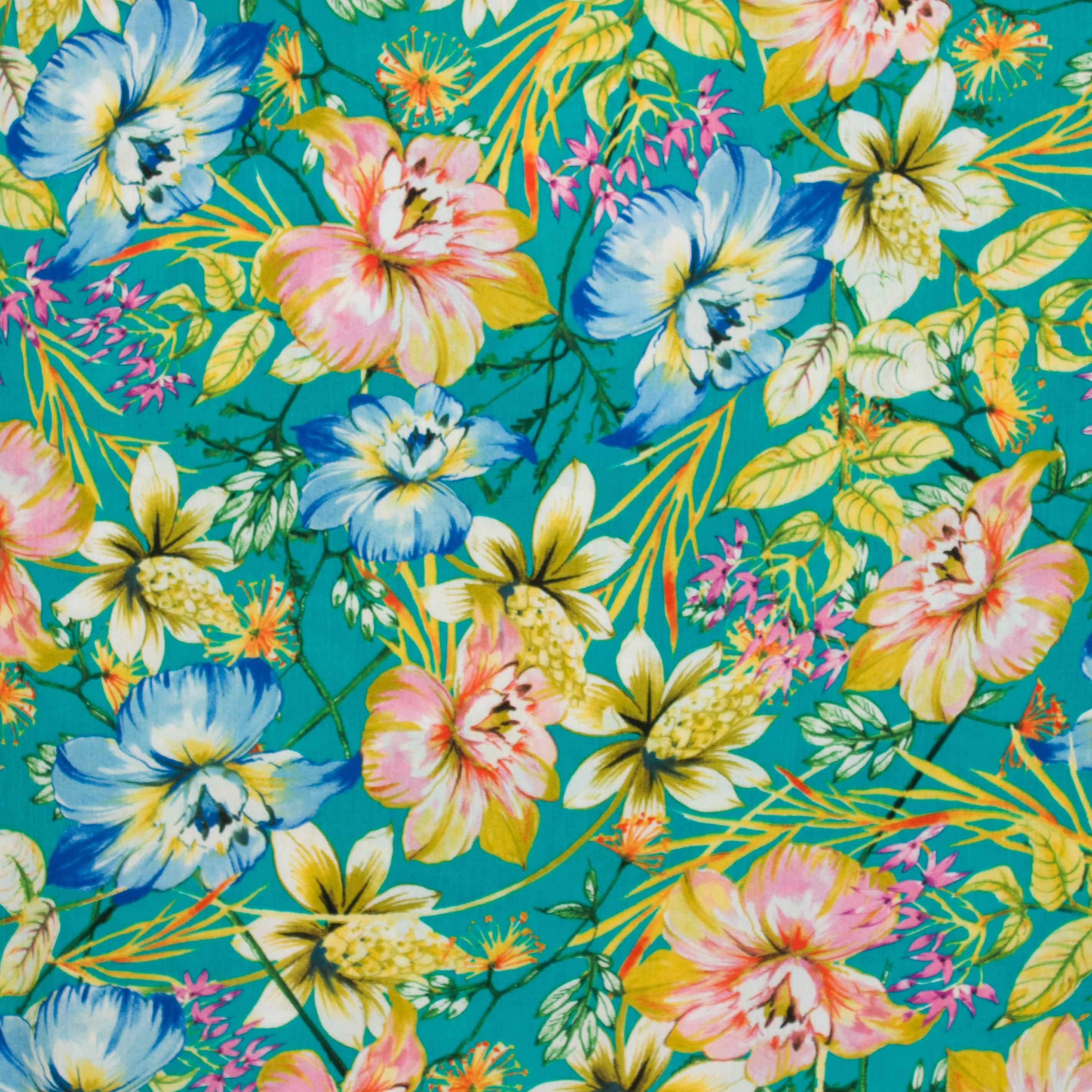 viscose crinkle petrol met grote kleurrijke bloemen